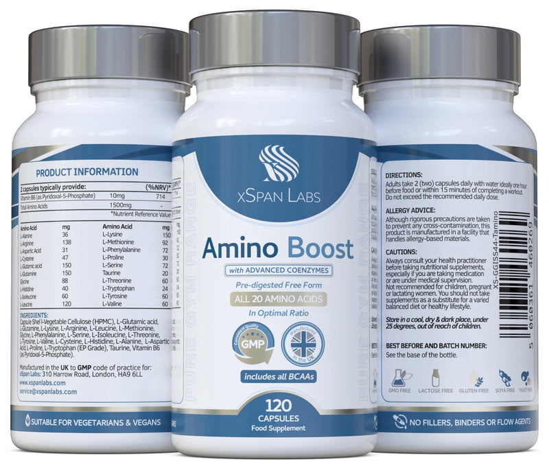 Amino Boost - Full Spectrum 20 Amino Acids Supplement 120 Vegan Capsules |Includes All BCAAs - Free Form pre-digested Amino Acids with Added Advanced Coenzyme Support. No Additives - UK Made