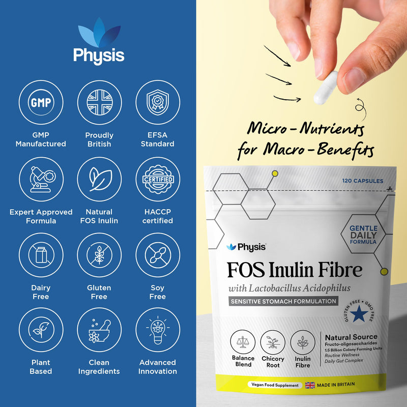 Physis Prebiotic Fibre with Probiotics | Senstivite Stomach Support | Chicory Root Fibre Supplement | Gut Health, Stool & Digestion | 120 Vegan Capsules | 4 Month Supply | Lactobacillus Acidophilus
