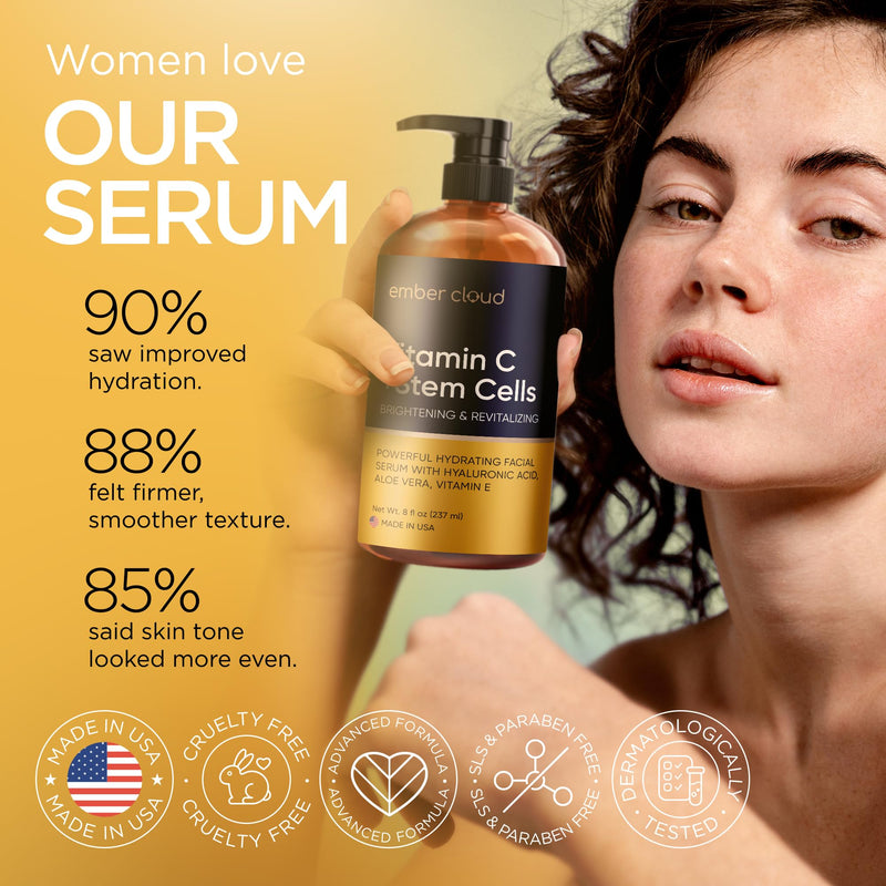 Vitamin C Serum for Face with Stem Cells & Hyaluronic Acid 8 Oz | Anti-Aging, Brightening, Hydrating Face Serum for All Skin Types, Cruelty Free, Made in USA, with Aloe Vera & Vitamin E Vitamin C Stem Cell 8 Fl Oz (Pack of 1)