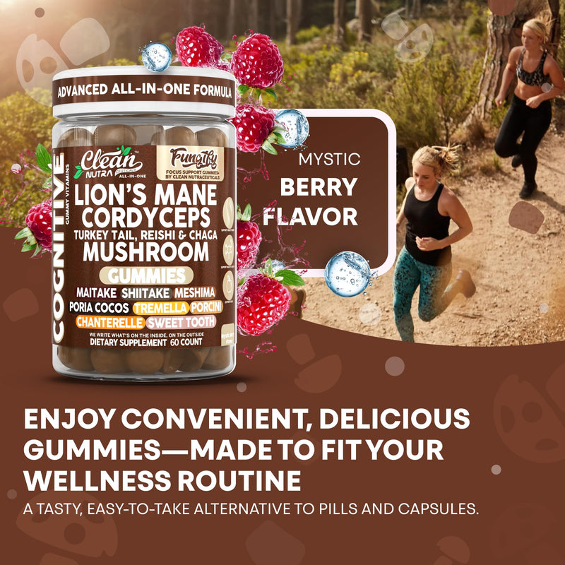 Clean Nutra Lions Mane Mushroom Gummies Cordyceps Supplement for Memory and Focus Immune Support Vitamins Reishi Chaga Turkey Tail Mushrooms Gummy Shiitake Maitake Meshima Supplements