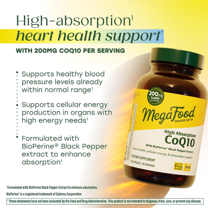 MegaFood High Absorption CoQ10 200mg per Serving, Black Pepper, 60 Capsules | Healthy Aging Antioxidant, Heart Health, BioPerine Black Pepper Extract to Enhance Absorption, Non-GMO, Vegan, 60 Servings