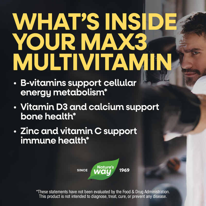 Nature's Way Alive! Men’s Max3 Potency Daily Multivitamin, 90 Tablets | High Potency Multivitamin for Men with B-Vitamins for Cellular Energy*, Supports Heart, Muscle and Eye Health* 90 Count (Pack of 1)