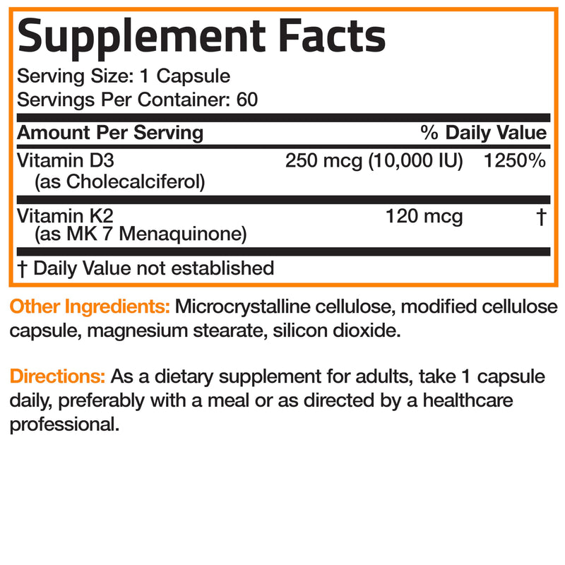 [Australia] - Bronson Vitamin K2 (MK7) with D3 Extra Strength Supplement Bone Health Non-GMO Formula 10,000 IU & 120 mcg MK-7 Easy to Swallow D K, 60 Capsules 60 Count (Pack of 1) 