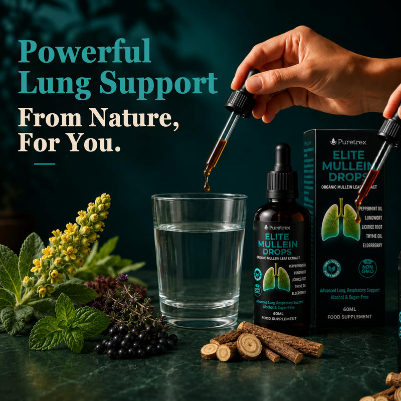 PURETREX Elite Mullein Drops Vegan Supplement 60ml – Made in UK Organic Mullein Leaf Extract, Lung & Respiratory Support Liquid with Elderberry Peppermint Thyme for Breathing Immunity & Wellness