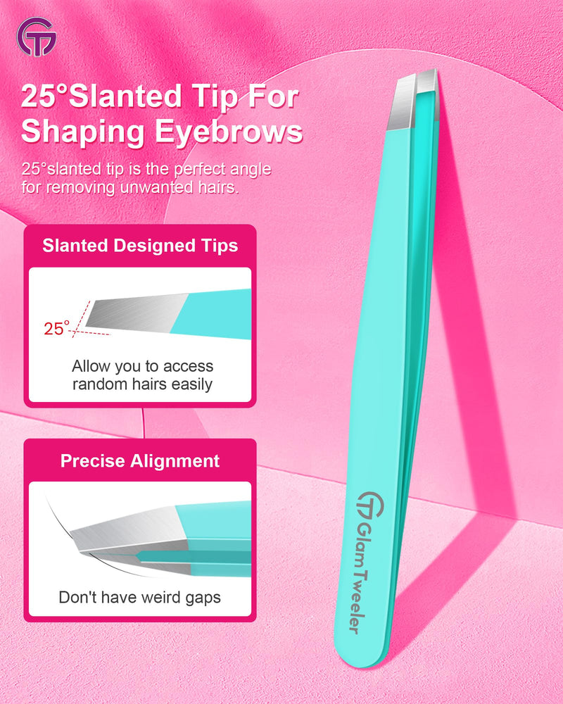Expert Eyebrow Hair Removal Tweezer with Leather Case, GlamTweeler High Precision Slant Tip Stainless Steel Tweezers for Men and Women (Robin's Egg Blue) Robin's Egg Blue