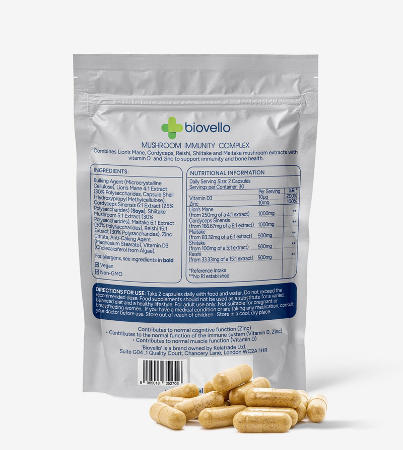 Mushroom & Immunity Complex – 5 Mushroom Blend with Lion’s Mane, Reishi, Shiitake, Maitake & Cordyceps – With Vitamin D3 & Zinc – Immune & Daily Wellness Support – 60 Vegan Capsules – UK Made