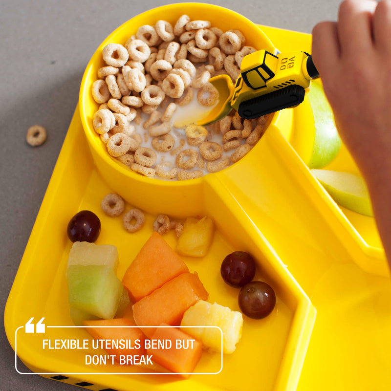 [Australia] - Dinneractive Dining Set for Kids - 3 Piece Construction Themed Toddler Utensils & Toddler Plates - Toddler Forks and Spoons - Kid Plate set Yellow 