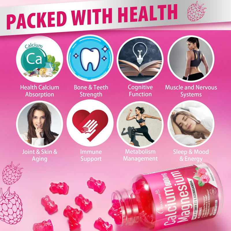 Calcium Magnesium Zinc Gummies & Vitamin D3,B6,B12,Immune & Supporting Bone Health Calcium Magnesium Supplement for Women Men,Sugar-Free Vegan Raspberry Flavor 90 Counts