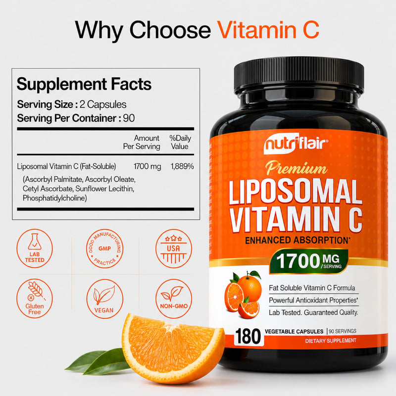 NutriFlair Liposomal Vitamin C 1700mg, 180 Capsules - High Absorption, Fat Soluble VIT C, Higher Bioavailability Immune System Support & Collagen Booster, Non-GMO, Vegan Pills 180 Count (Pack of 1)