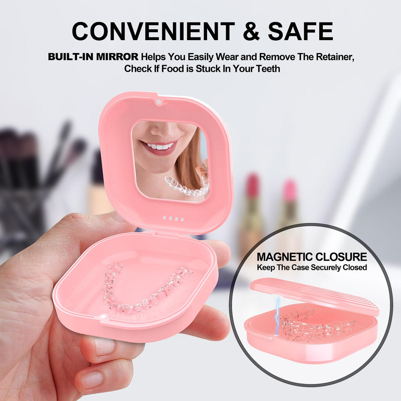 Retainer Case with Mirror and Vent Holes, Cute Retainer Holder Case Compatible with Invisalign, Aligner and Night Guard Case, Slim Retainer Case with Retainer Removal Tool, Chewies & Brush (Pink) Sakura Pink