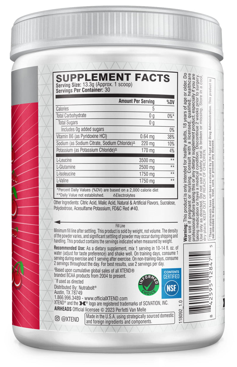 [Australia] - XTEND Original BCAA Powder Airheads Cherry | ZERO CARB, ZERO SUGAR - Post Workout Muscle Recovery Drink with Amino Acids - 7g BCAAs for Men & Women | 30 Servings, Airheads Cherry 30 Servings (Pack of 1) 