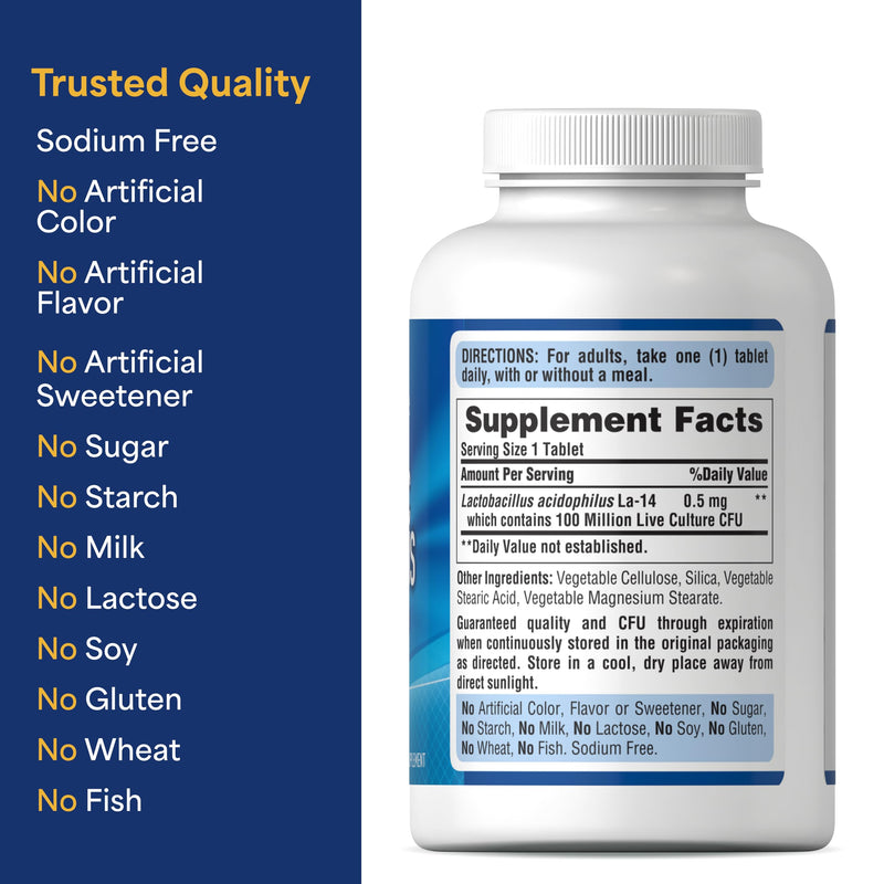 Puritan's Pride Daily Probiotic Acidophilus, 8 Month Supply, 250 Tablets | 100 Million Live Cultures, Dietary Supplement for Digestive, Gut, and Immune Health, Soy, Sodium, and Gluten Free