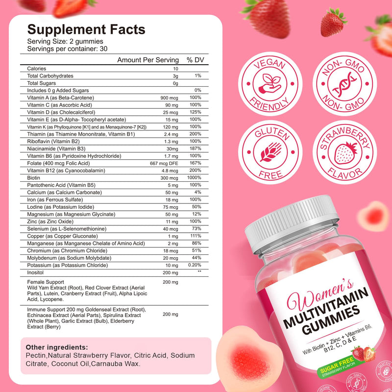 Multivitamin Gummies Women 60 Gummies - Essential Vitamins & Minerals, Sugar-Free Formula, Vegan Friendly, Strawberry
