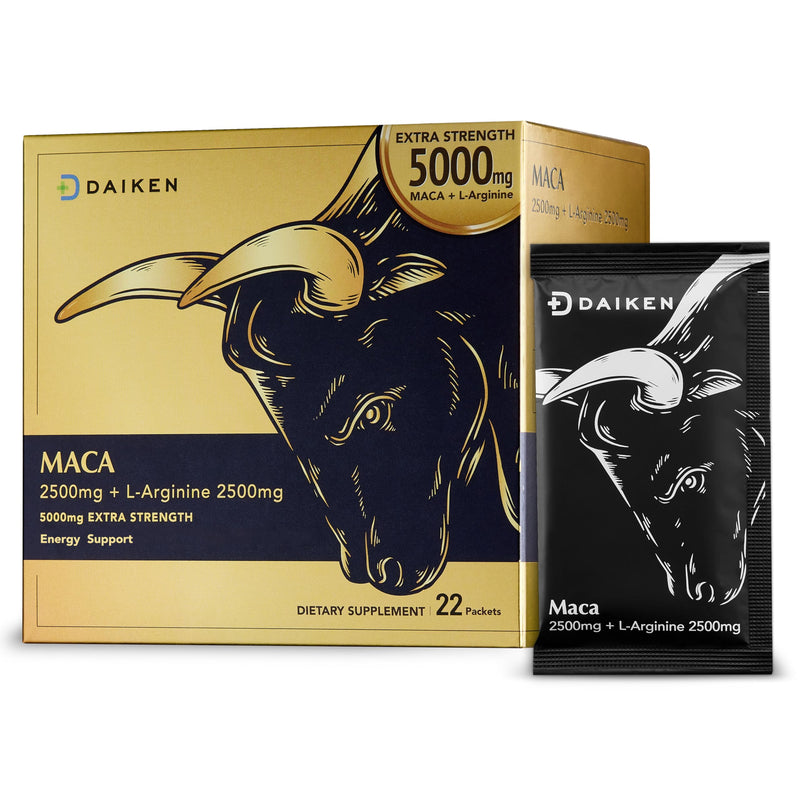 [Australia] - DAIKEN Peruvian Maca Root Powder Extra Strength 15,000 mg, Gelatinized Black, Red, Yellow Maca Blend with L-Arginine (2,500 mg) for Men and Women, Superior Absorption, Vegan, Lab Tested - 22 Packets 