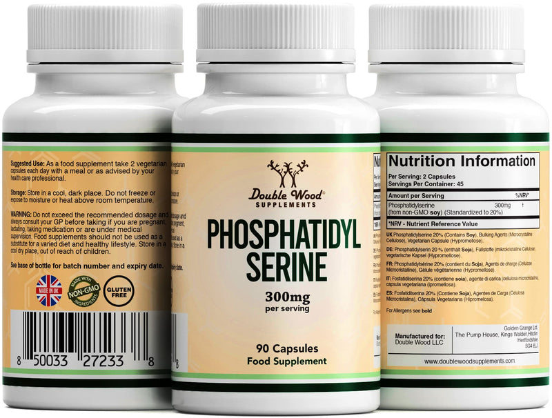 Double Wood Phosphatidylserine Supplement | 90 High Strength Phosphatidylserine Capsules - 300mg per Serving | Non-GMO & Gluten Free 90 count (Pack of 1)