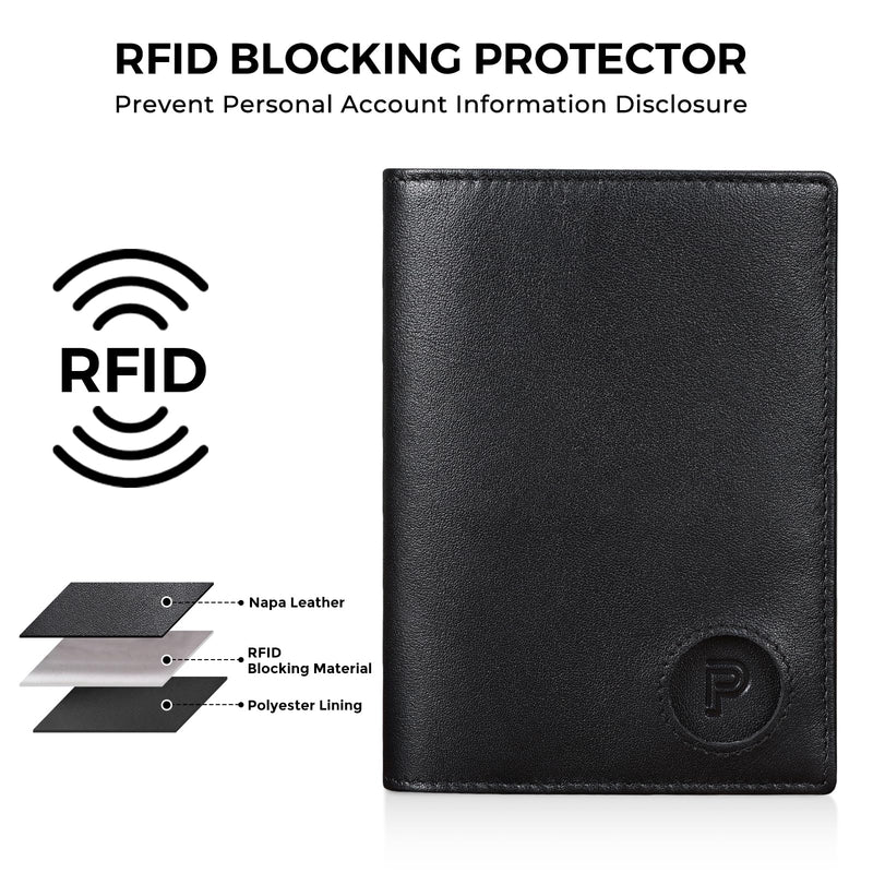 Polare Slim RFID Blocking Leather Passport Holder Travel Bifold Wallet For Men (Black with AirTag Holder) Black with AirTag Holder
