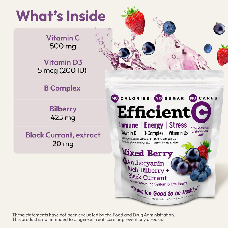 Andrew Lessman ProCaps Efficient C Mixed Berry 90 Drink Packets | 500 mg Non-Acidic Vitamin C plus Bilberry, Black Currant, Methylcobalamin B12 & Vitamin D3 for Immune, Energy & Eye Support. Mixed Berry w/ Bilberry & Black Currant 0.07 Ounce (Pack of 90)