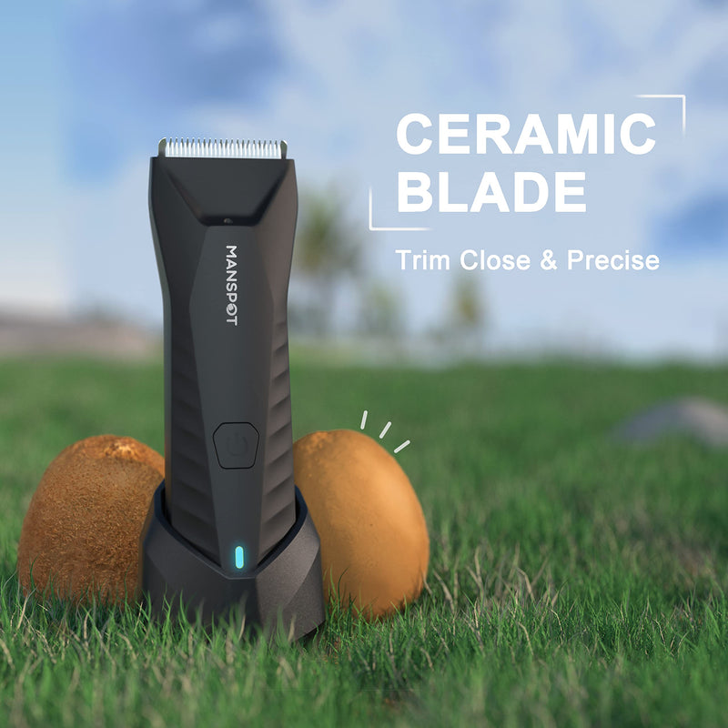 [Australia] - MANSPOT Manscape Body & Pubic Hair Trimmer for Men, Electric Groin Hair Trimmer, Replaceable Ceramic Blade Heads,Waterproof for Wet/Dry Use,Standing Recharge Dock,90 Minutes Shaving(Black) Metallic Black 