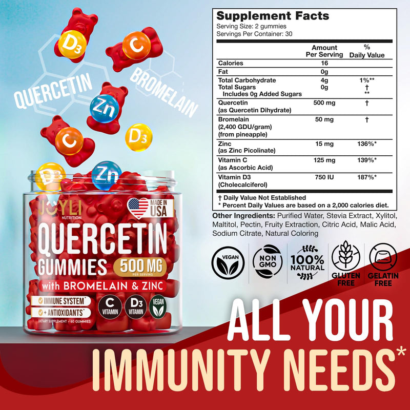 [Australia] - JOYLI Quercetin Gummies - Pure Quercetin with Bromelain Zinc Vitamin C & Vitamin D3 - Quercetin Supplement 500MG for Immune System & Allergy - Quercetin for Kids and Adults - 60 Quercetin Chewable 