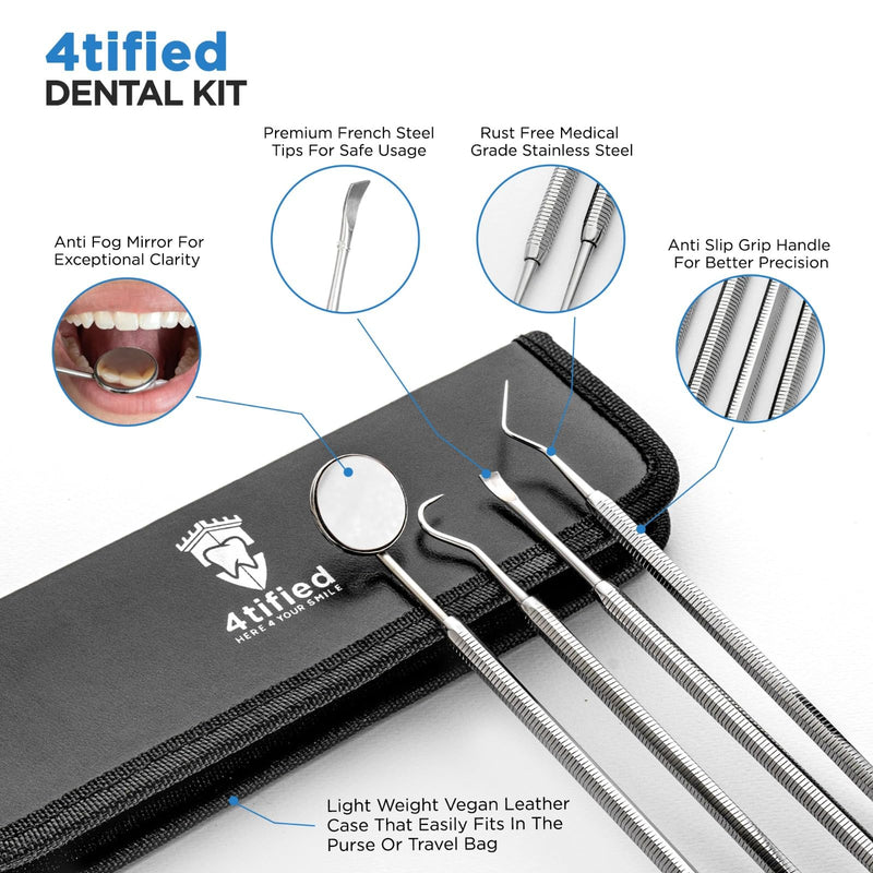 [Australia] - 4tified Dental Tools Hygiene Kit 4 PCS French Stainless Steel Professional Teeth Cleaning Home Use Plaque Calculus Removal Tartar Scraper Scaler Fogless Mirror Dental Pick Vegan Leather case 
