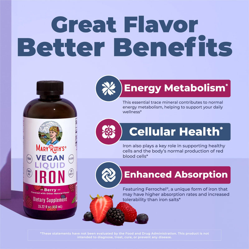 MaryRuth's Liquid Iron Supplement for Women Men & Kids, 15.22 Fl Oz, Vegan | Red Blood Cell Formation, Oxygen Support, Energy Metabolism, Ages 4 & Up, Sugar Free 15.22 Fl Oz (Pack of 1)