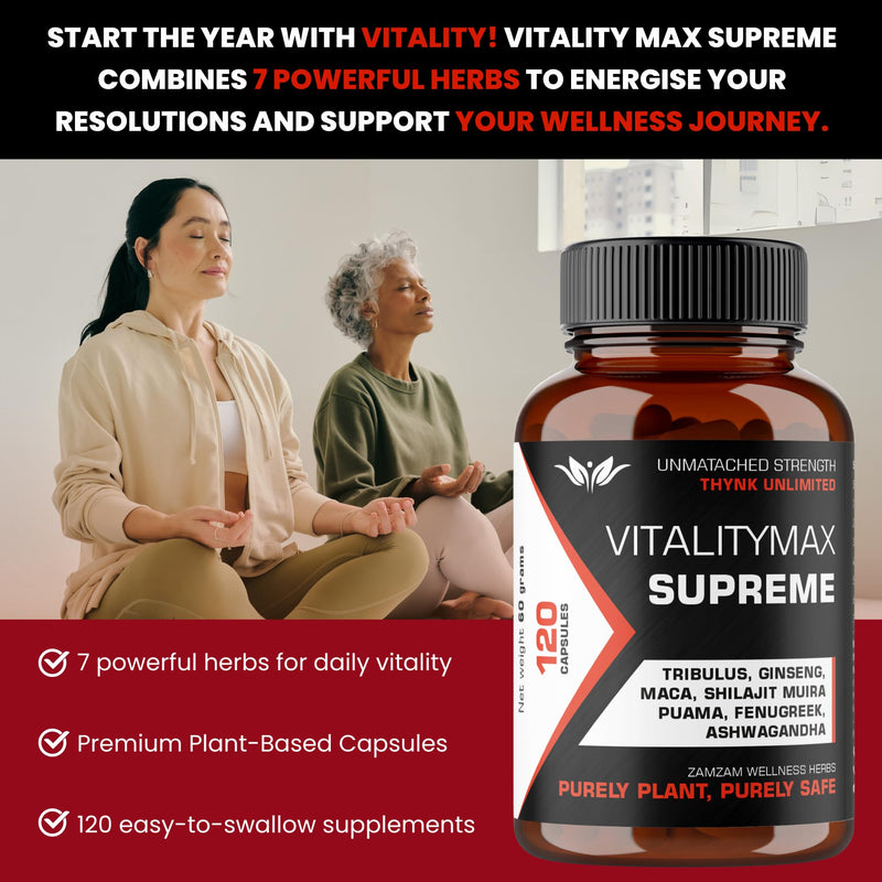 Vitality Max Supreme - Premium Vitality Health Supplement with Fenugreek, Panax Ginseng, Ashwagandha, Maca, Tribulus Terrestris, Himalayan Shilajit - 120 Vegan Supplements Capsules