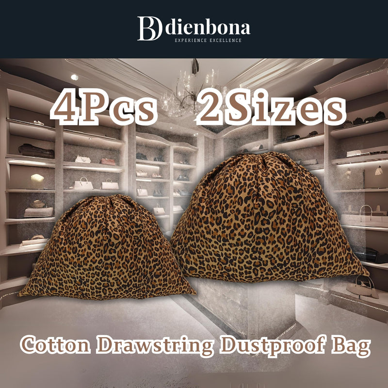 4 Pack Leopard Print Cotton Dust Bags (2 Sizes) - Stylish Drawstring Storage Covers for Designer Handbags, Purses, Shoes & Travel 4 Pcs / 2 Sizes