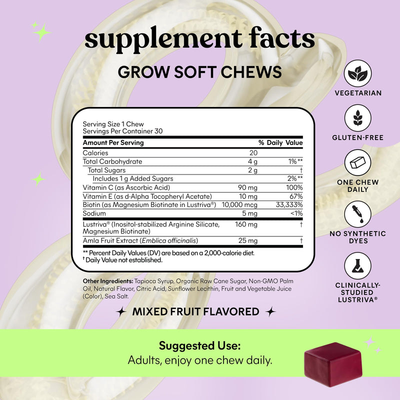 Lemme Grow Hair Growth Booster Soft Chews w/Vitamins, 30-Day Supply | Vitamins for Women and Men with Clinically Studied Lustriva and Biotin, Promotes Thicker, Fuller, Stronger Hair, Mixed Berry