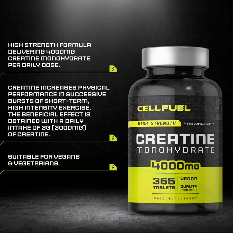 Creatine Monohydrate Tablets 4000mg | 365 Vegan Pills | High Strength Supplement for Women and Men | by CELLFUEL