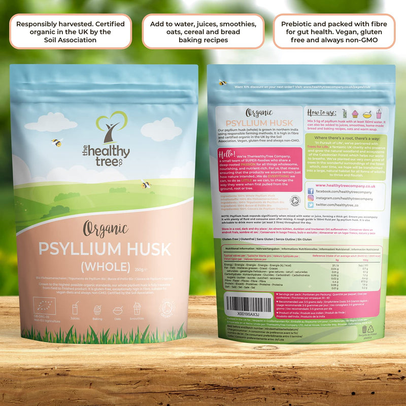 Organic Psyllium Husk (Whole) by TheHealthyTree Company - High Fibre Prebiotic - Pure Vegan Organic Psyllium Husks (250g) 250 g (Pack of 1)