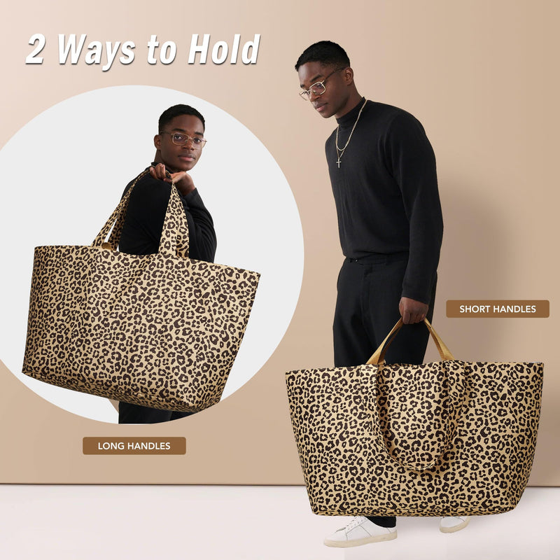 KALIDI 60L Extra Large Beach Tote Oversized Bag Zipper Utility Weekender | Anti Splash Huge Foldable Lightweight Duffle Carrier for Vacation Travel Shopping Reusable Grocery Organize Leopard