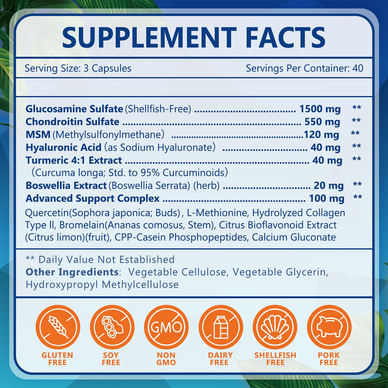 [Australia] - NATURE TARGET Glucosamine Chondroitin MSM, Joint Support Supplement, Shellfish Free, Turmeric Boswellia, Hyaluronic Acid, Collagen, Calium for Cartilage and Bone Health,120 Capsules, 40 Servings 120 Count (Pack of 1) 
