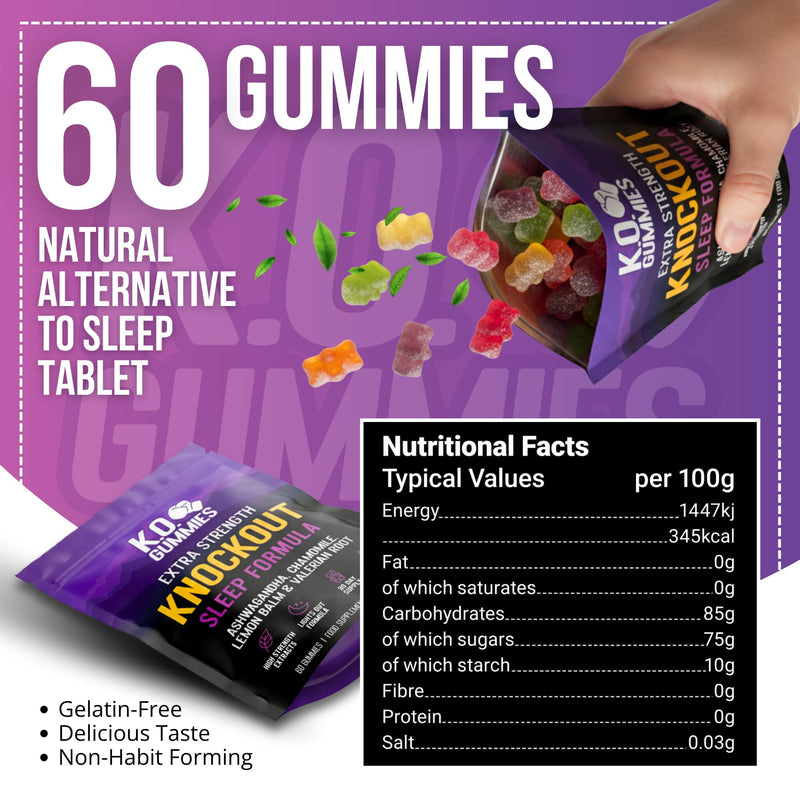 Sleep Gummies for Adults - Valerian Root 500mg, Ashwagandha, Lemon Balm & Chamomile - Natural Sleep aid - Vegan Friendly - 30 Day Supply