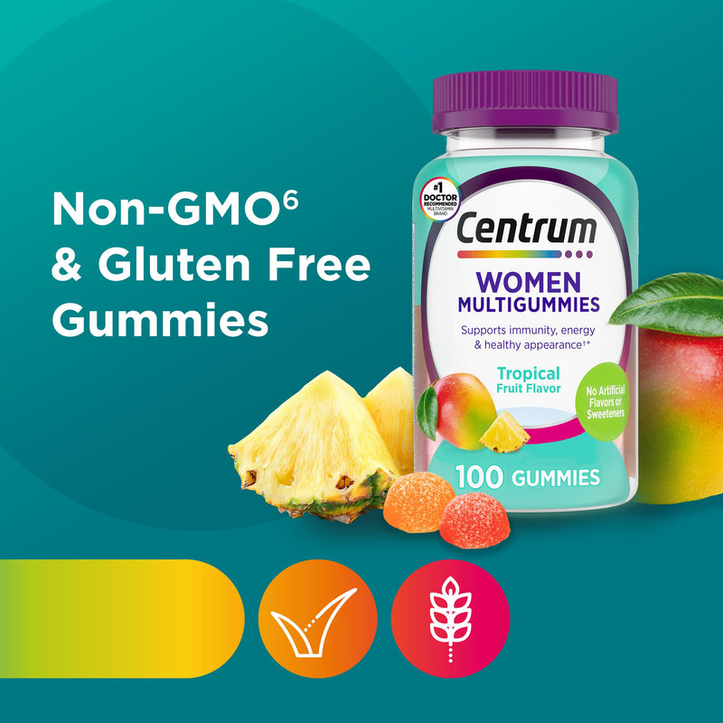 Centrum MultiGummies for Women 18 and Over, 100 Count | Contains Vitamin D3, B Vitamins and Antioxidant Vitamins C and E, Gluten Free, Non-GMO Ingredients, GLP-1 Support Fruit 100 Count (Pack of 1)