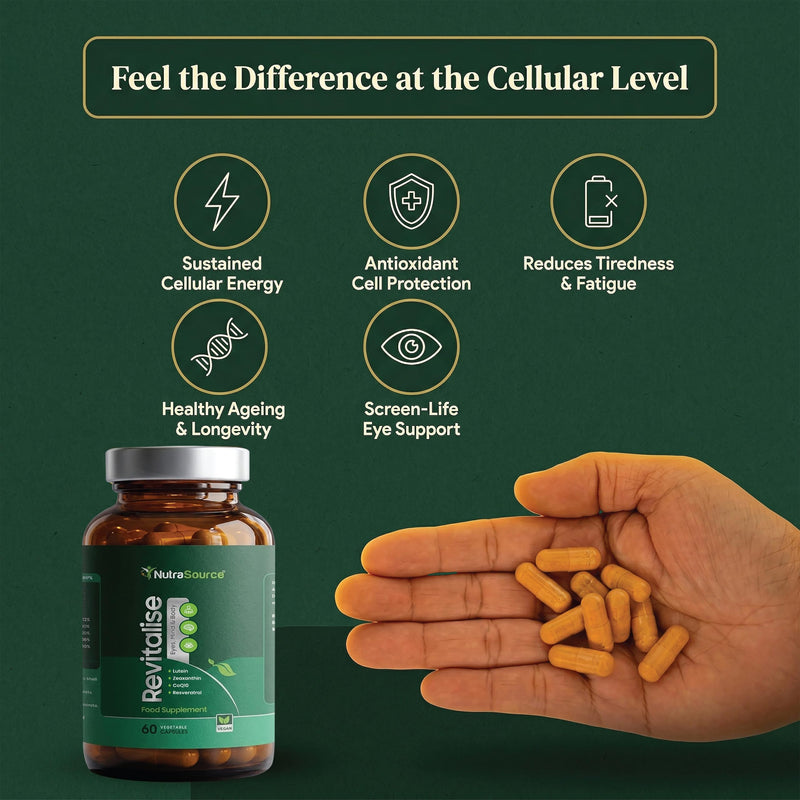 Revitalise CoQ10 & Coenzyme Q10 Antioxidant Complex with Lutein, Zeaxanthin, Resveratrol, Grapeseed OPC, Selenium, Vitamin C & E, Energy, Eye & Cell Support, Vegan, 60 Capsules | NutraSource