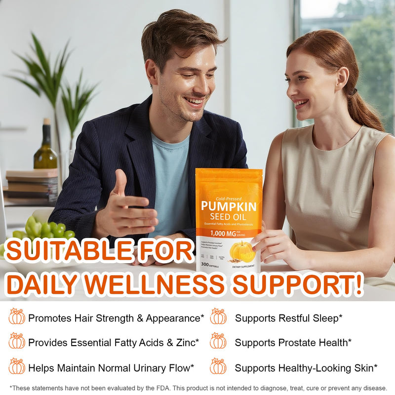 Pumpkin Seed Oil Capsules (1,000mg/serving), Cold-Pressed Pumpkin Seed Oil for Hair Growth, Prostate Health, Urinary Tract Support, 300 Softgels Supplement of Essential Fatty Acids & Zinc