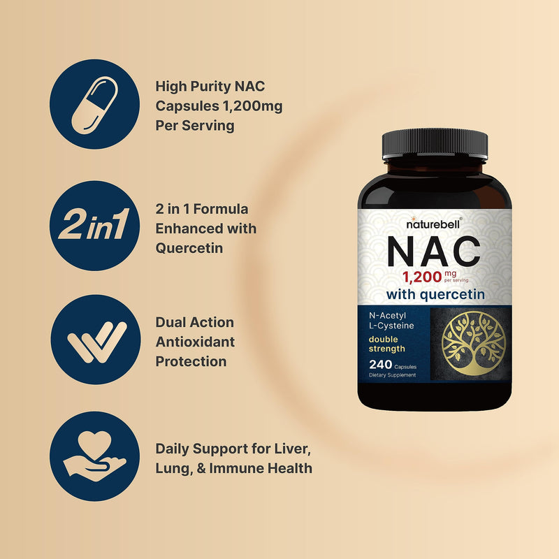 [Australia] - NAC Supplement 1200mg Per Serving | 240 Capsules, N-Acetyl Cysteine with Quercetin | Double Strength - Support for Immune, Liver, & Lung Health 240 Count (Pack of 1) 