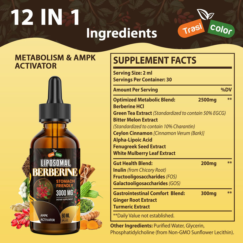 3000mg Berberine Supplement Liquid Drops - High Bioavailability Liposomal Berberine Supplements, Berberine HCL Complex with Ceylon Cinnamon Plus Turmeric, AMPK Activator, Suitable for Women,Men-60ml 2 Fl Oz (Pack of 1)