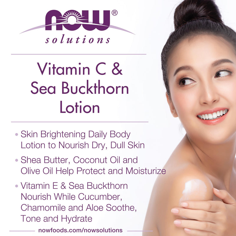 NOW Foods Solutions, Vitamin C and Sea Buckthorn Lotion, Hydrates, Repairs and Nourishes Dry Dull Skin, 8-Ounce