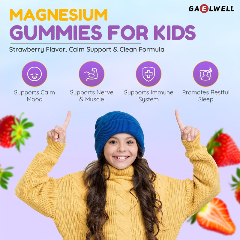 Kids Magnesium Gummies for Calm & Sleep – 2MONTHS–Supply – Sugar-Free Strawberry – Vegan, Gluten-Free, Magnesium Citrate – 60 Gummies –No Melatonin – Irish-Owned, HACCP & GMP Certified– Gaelwell®