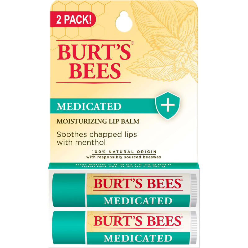 Burt's Bees Medicated Lip Balm, With Eucalyptus Oil and Menthol, Tint-Free, Natural Origin Lip Care, 2 Tubes, 0.15 oz. 2 Count (Pack of 1)