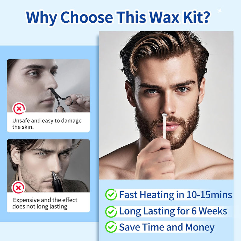 Beauty7 Nose Wax Kit, Ear Nose Waxing Kit for Women and Men, Portable Wax Warmer for Facical Hair Removal, USB Rapid Heating, 100g Waxing Beads, 10 Applicators, 10 Mustache Patches, 5 Calming Oil Wips