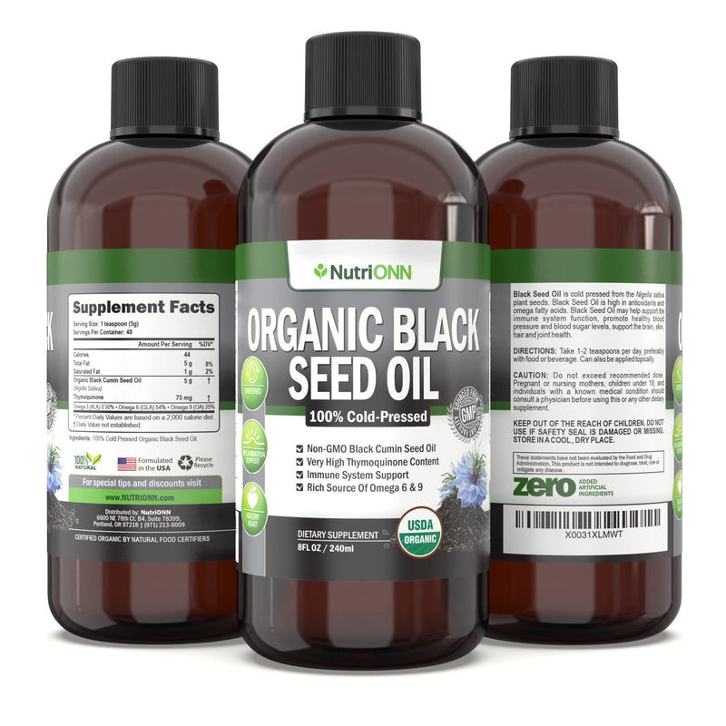 [Australia] - Organic Black Seed Oil - USDA Certified Organic Black Cumin Seed Oil Liquid – High Thymoquinone Content – Non-GMO and Cold-Pressed – Rich Source of Omega-6 & Omega-9 Fatty Acids - 8 Oz 