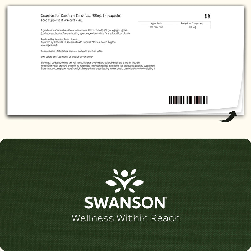 Swanson, Cat's Claw, 500mg, 100 Capsules, High Strength, Laboratory Tested, SOYA Free, Gluten Free, Non-GMO