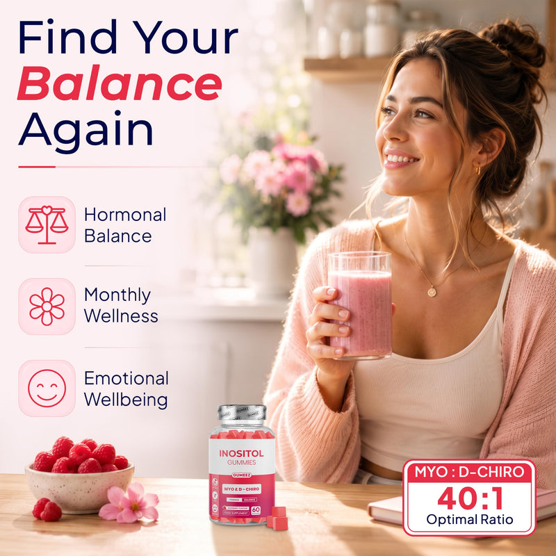 Inositol Gummies – Myo & D-Chiro 40:1 Ratio – 2000mg Myo-Inositol & 50mg D-Chiro – for PCOS, Female Balance & Hormonal Support – Vegan Raspberry Flavour – 60 Gummies