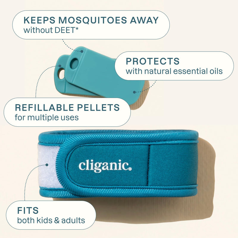 [Australia] - Cliganic Mosquito Repellent Pack (2 Wristbands + 4 Refill Pellets) - Adjustable, Natural DEET-Free, Essential Oil Infused 2 Count (Pack of 1) 