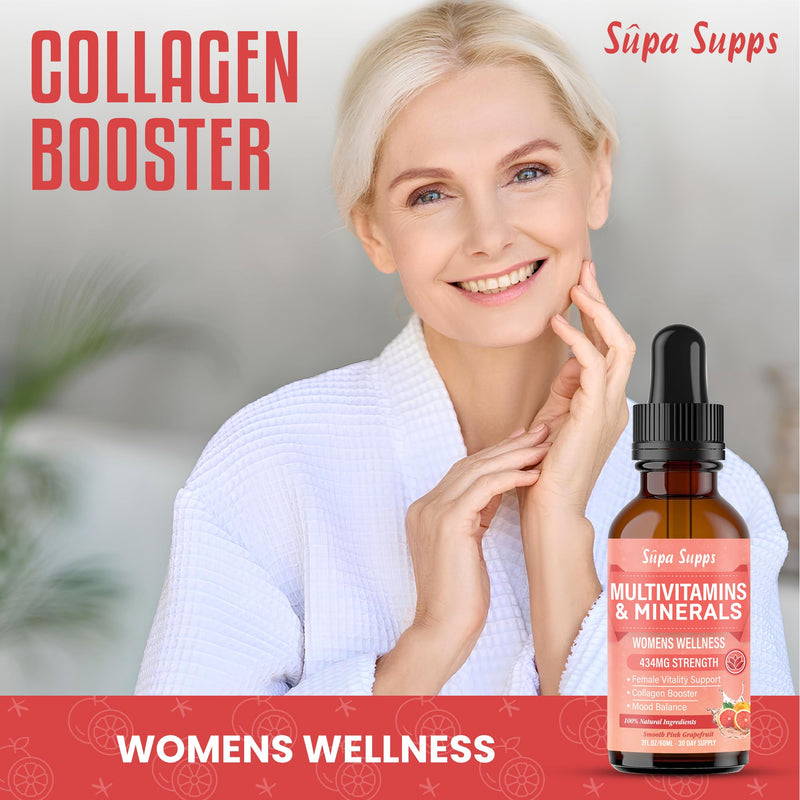 Multivitamins & Minerals for Women 30 Plus - Daily Vitamins A C D E K B Complex, Iron & Zinc - Smooth Pink Grapefruit Flavour - Liquid Multivitamin for Women - Alternative to Tablets & Gummies - 60ml