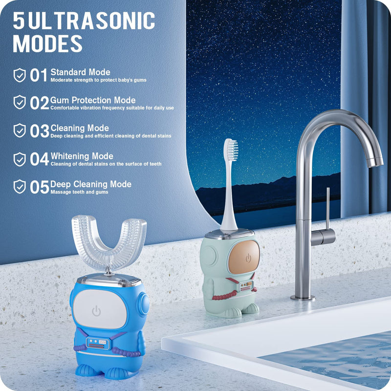 [Australia] - RexCodar Ultrasonic Kid's U-Shaped Electric Toothbrush, IPX7 Waterproof, Five Cleaning Modes, 60S Smart Reminder (Blue Ages 6-12) Navy Blue 
