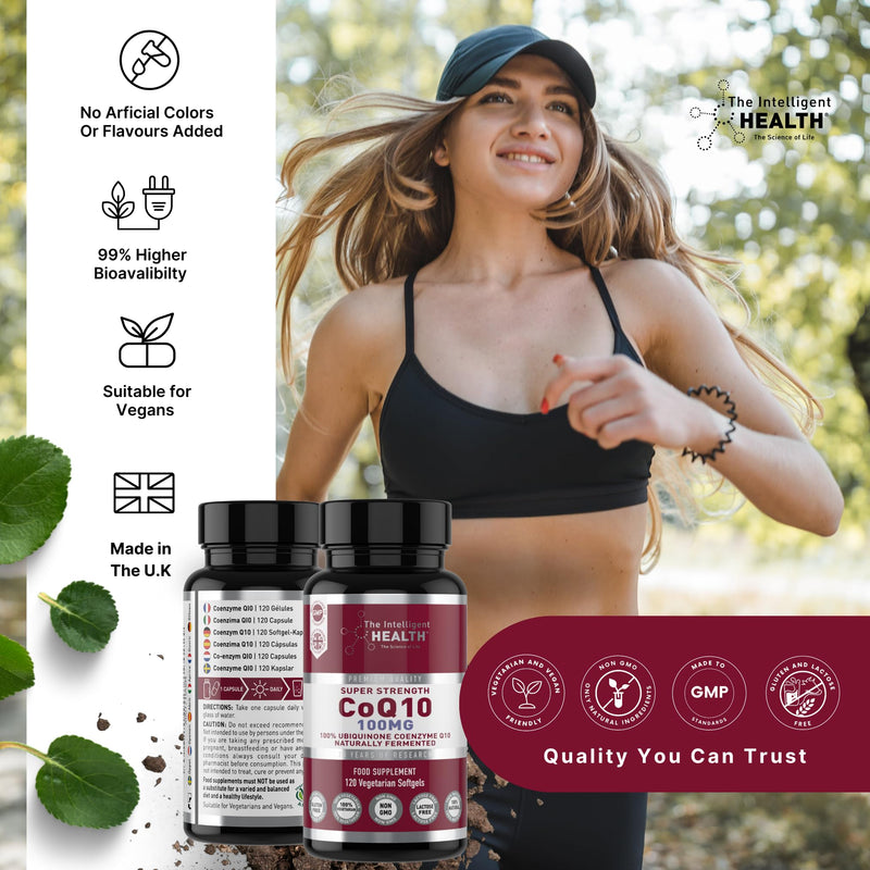 The Intelligent Health CoQ10 Supplement, Fermented Coenzyme Q10 Ubiquinone for Women & Men, Easy to Swallow 100mg 120 Vegetarian Softgels