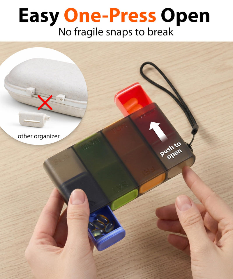 Travel Pill Organizer – Weekly Case for Once-Daily Use, Compact Pill Box 7 Day for Purse, Smooth Slide-Out Access, 8 Compartments for Daily Vitamins and Supplements, Easy to Use at Home or On the Go